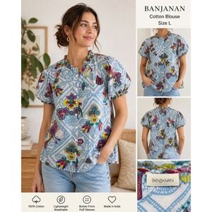 Banjanan Cotton Bird Floral Blouse Top Puff Sleeve Cottagecore Boho L